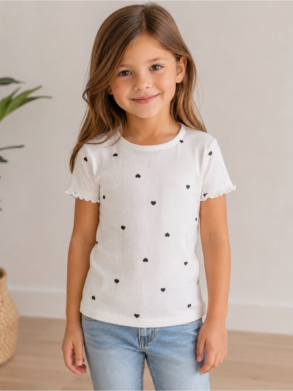 Girls White Ribbed Heart Print Short Sleeve Top Ruffle Trim Size 6